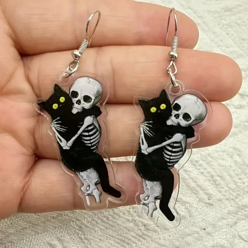 CAOSHI Skeleton Black Cat Acrylic Pendant Earrings for Women Terrifying Exaggerated Skull Earrings Hip-hop Party Jewelry for Men
