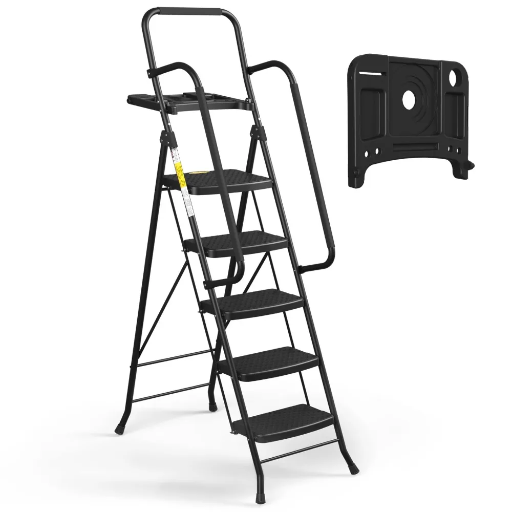 2024 New 5 Step Ladder with Handrails, Folding Step Stool with Tool Platform, 330 LBS Portable Steel Ladder for Adults for Home