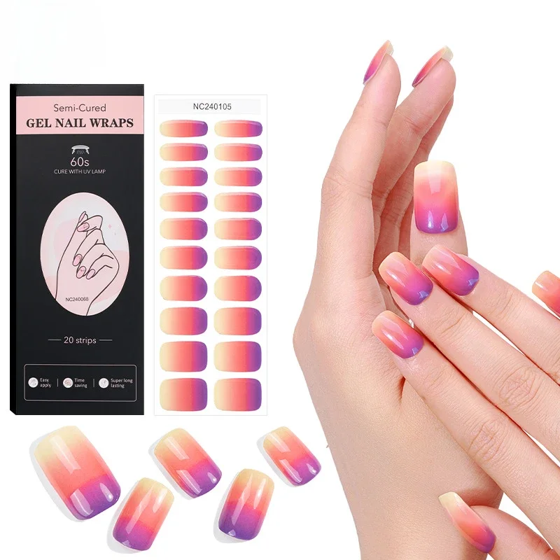 Gradient Semi-Cured Gel Nail Strips Adhesive Full Cover Gel Nails Stickers UV Lamp Need Press On Nails Fashion DIY Manicure