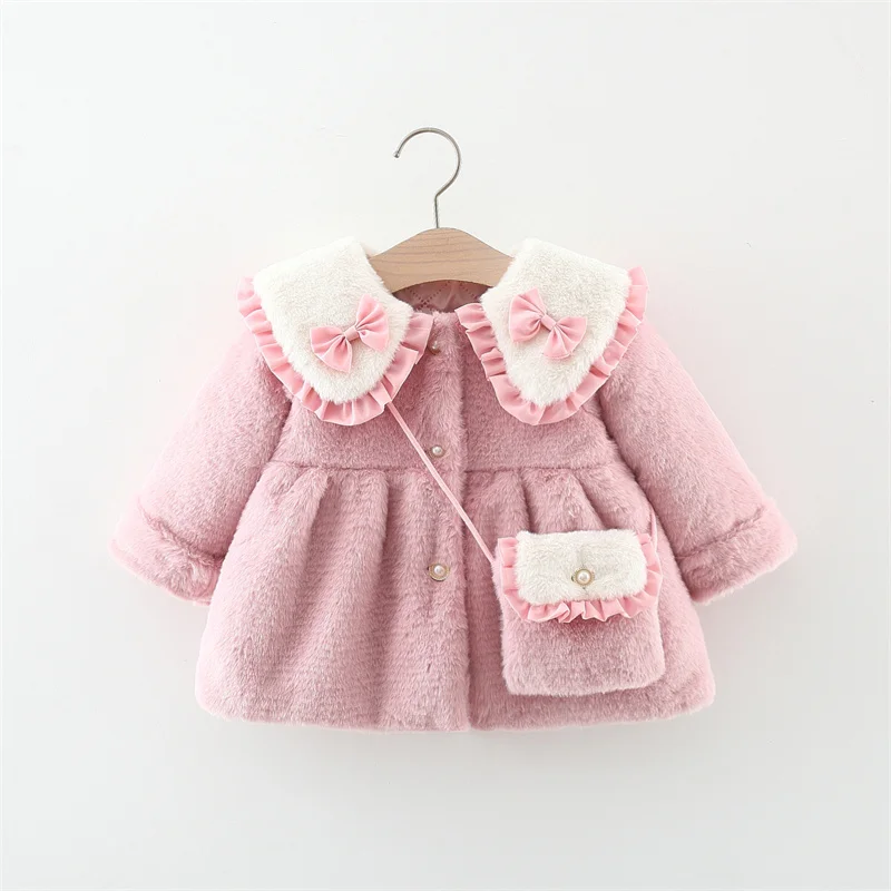 2 Teile/satz Entzückende Winter Kinder Pelzigen Kleidung Süße Bogen Weiche Warme Mantel 0-3 Jahre Altes Kind mantel + Tasche Kinder Neue Jahr Tragen – Detail 3