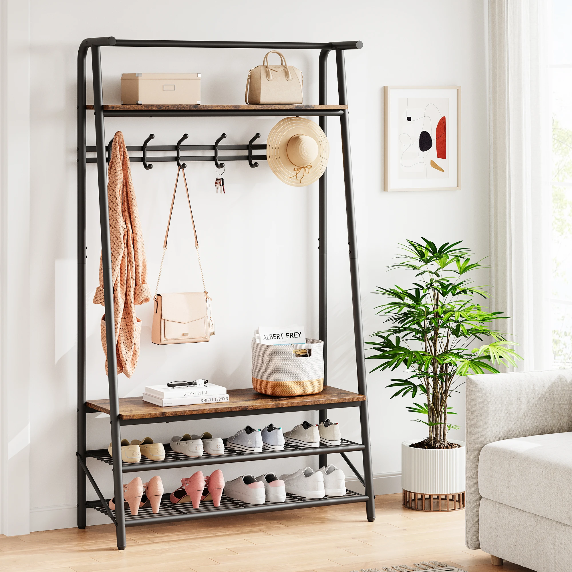 

Large Coat Rack Shoe Bench, 4-in-1 Hall Trees Entryway Bench with Coat Rack & Shoe Rack, Steel Frame Storage Shelf & Hanging Bar