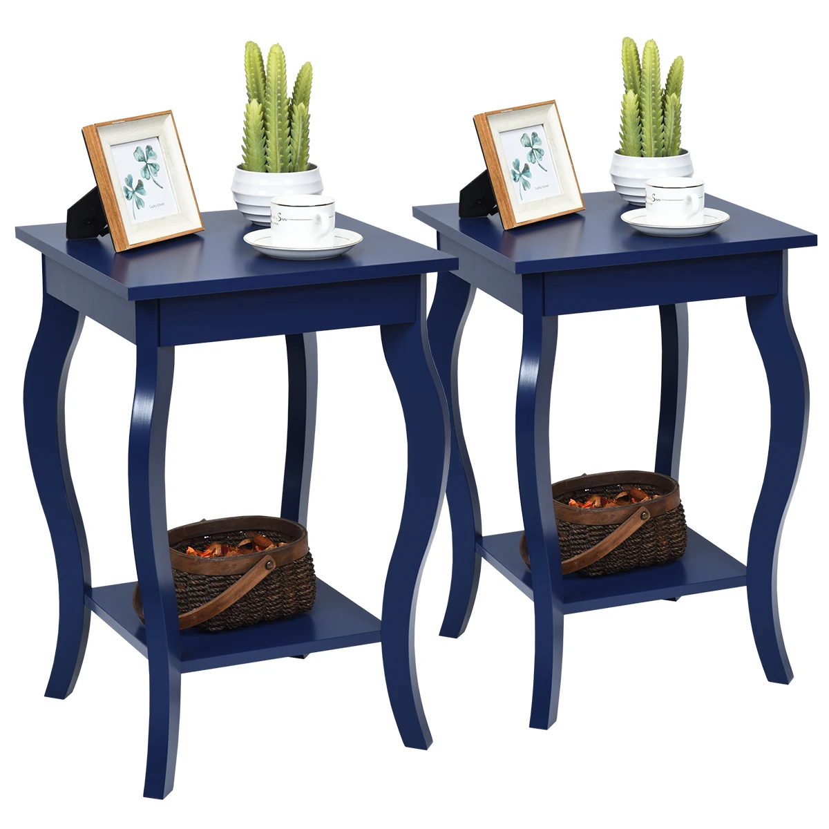 GOFLAME Set of 2 End Tables Accent Table with Elegant Curved Legs & 2-Tier Open Storage Shelves