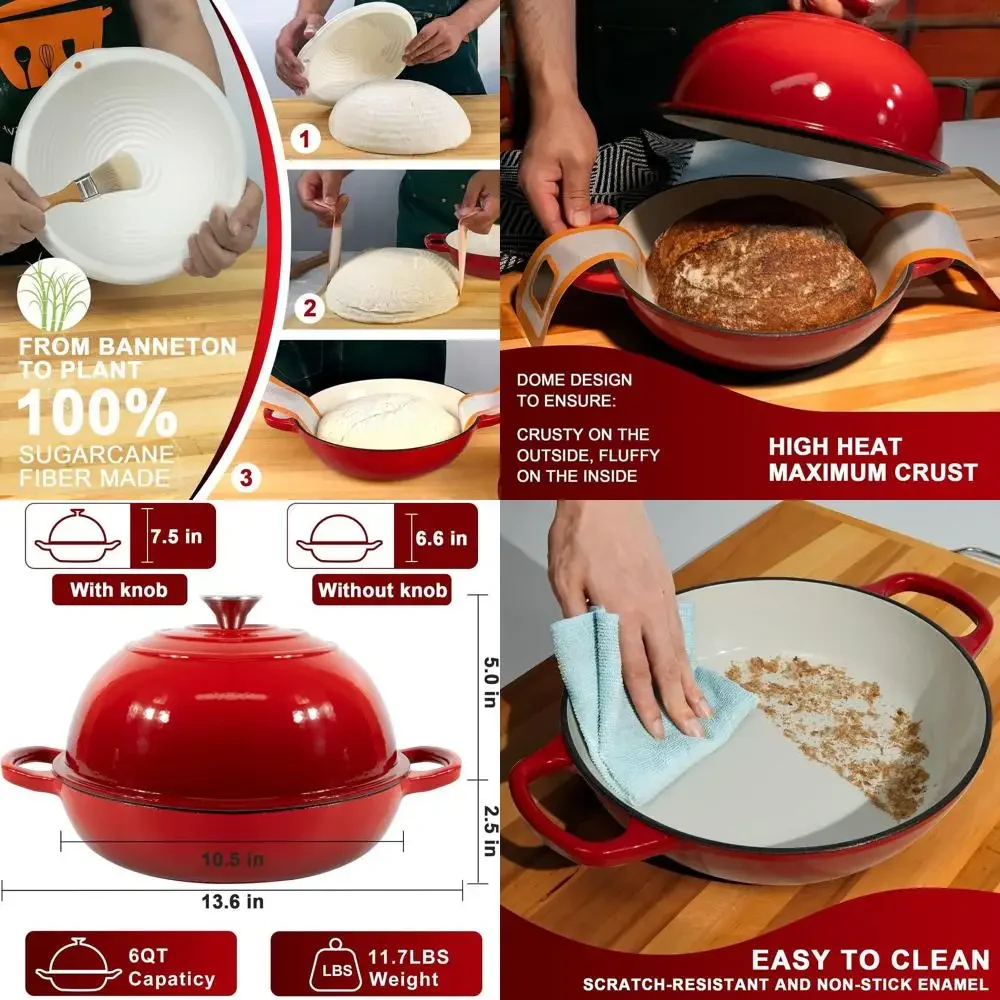 

Enameled Cast Iron Dutch Oven, 6-Quart Multi-Functional Bread Baking Pot with Lid, Proofing Basket, Silicone Sling, and Oven Mit
