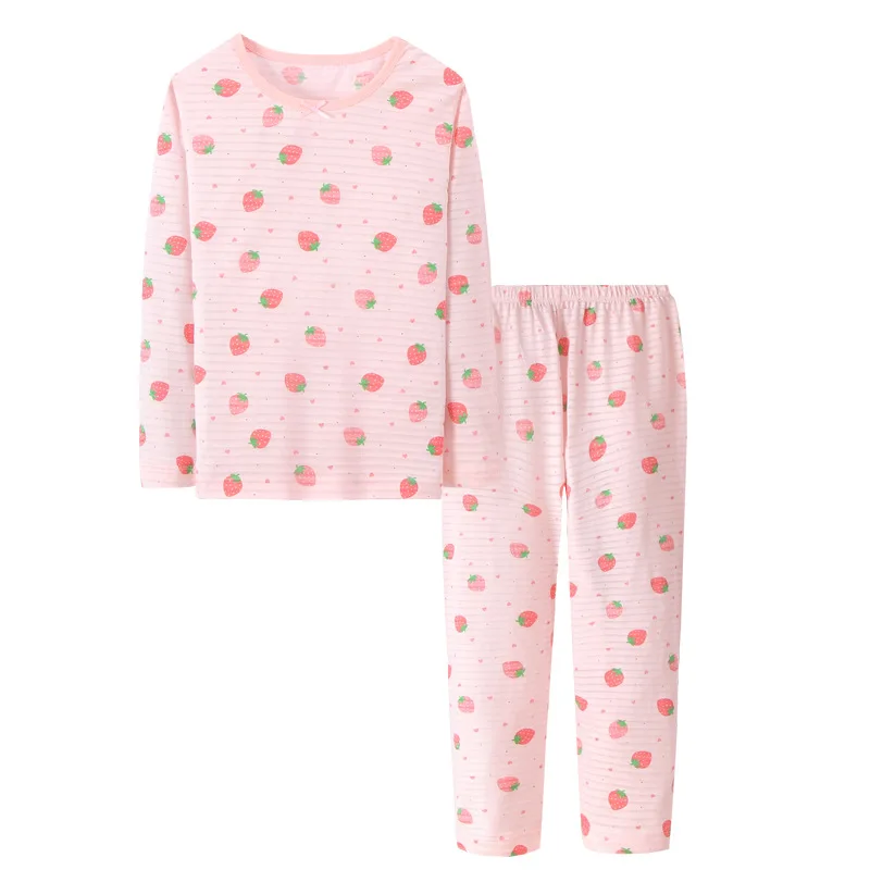 2Pcs Girls Home Underwear Set Cute Strawberry Print Round Neck Long Sleeve Trousers Comfy 100% Cotton Pajamas Set