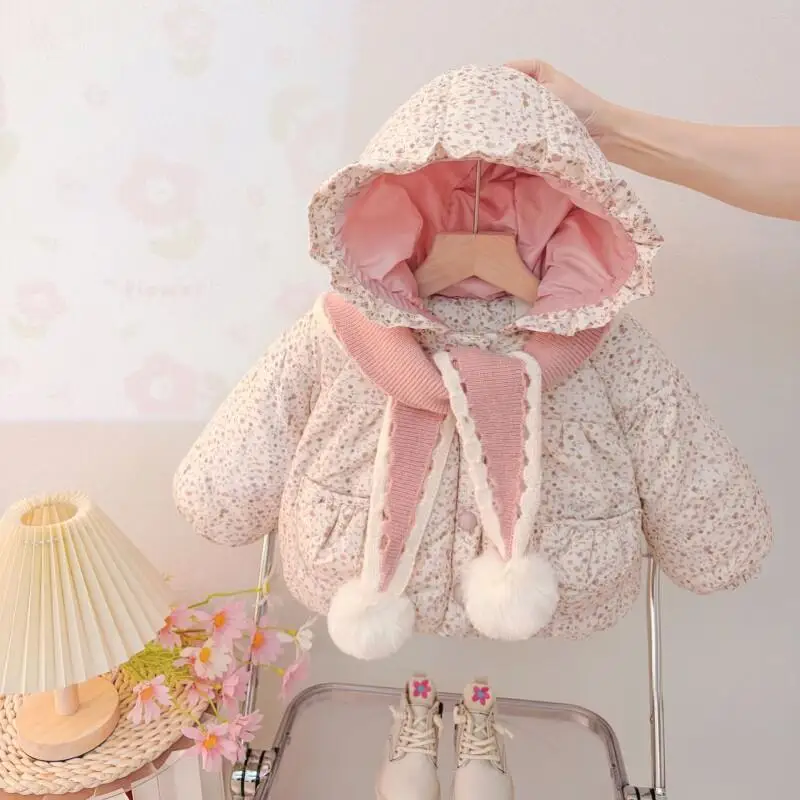 Kawaii Casual Coat Tops Fashion Children S Clothing 2025 New Winter Baby Girl Fleece Lined Cotton Coat Kids Hooded Warm Down
