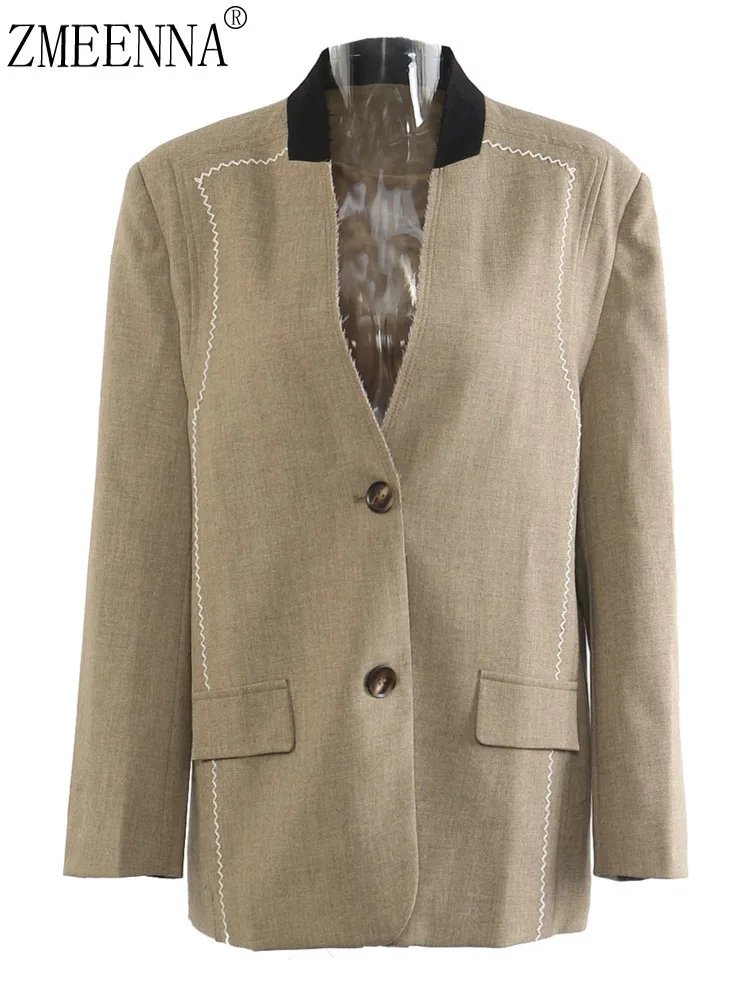 

ZMEENNA Womens Single Breasted Blazer Jacket V Neck Contrast Collar White Stitching Detail Casual Outerwear Khaki ZM4334