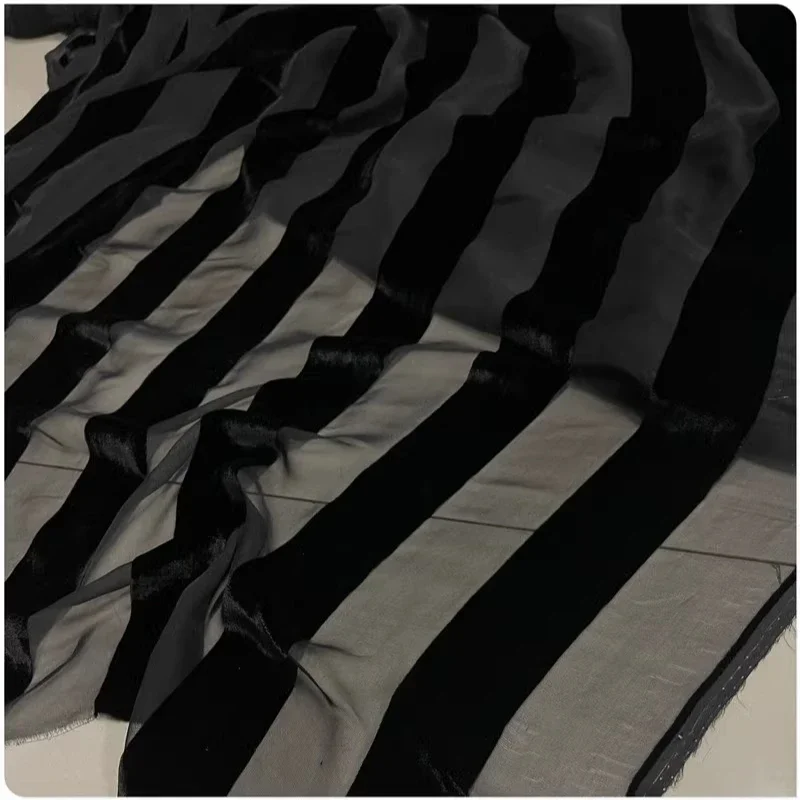 Black Vertical Strip Mulberry Silk Velvet Fabric Cheongsam Dress Shirt Clothing Fabric Fashion Designer Fabric By Mter