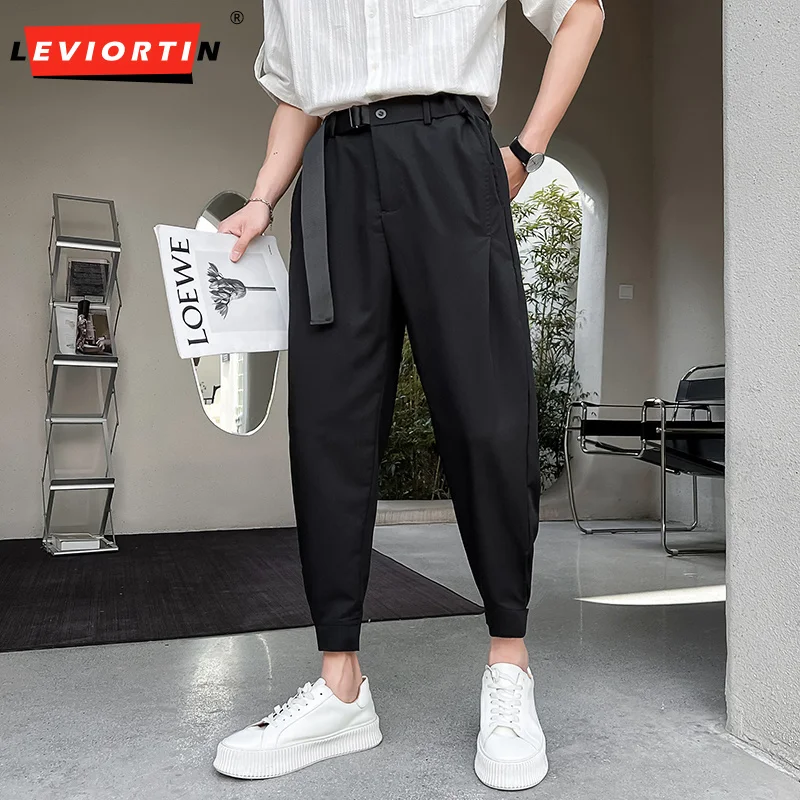 Spring Summer Men Solid Casual Cropped Pants Belt Slim Adjustable Leg Trousers Streetwear England Style Thin Pantalon