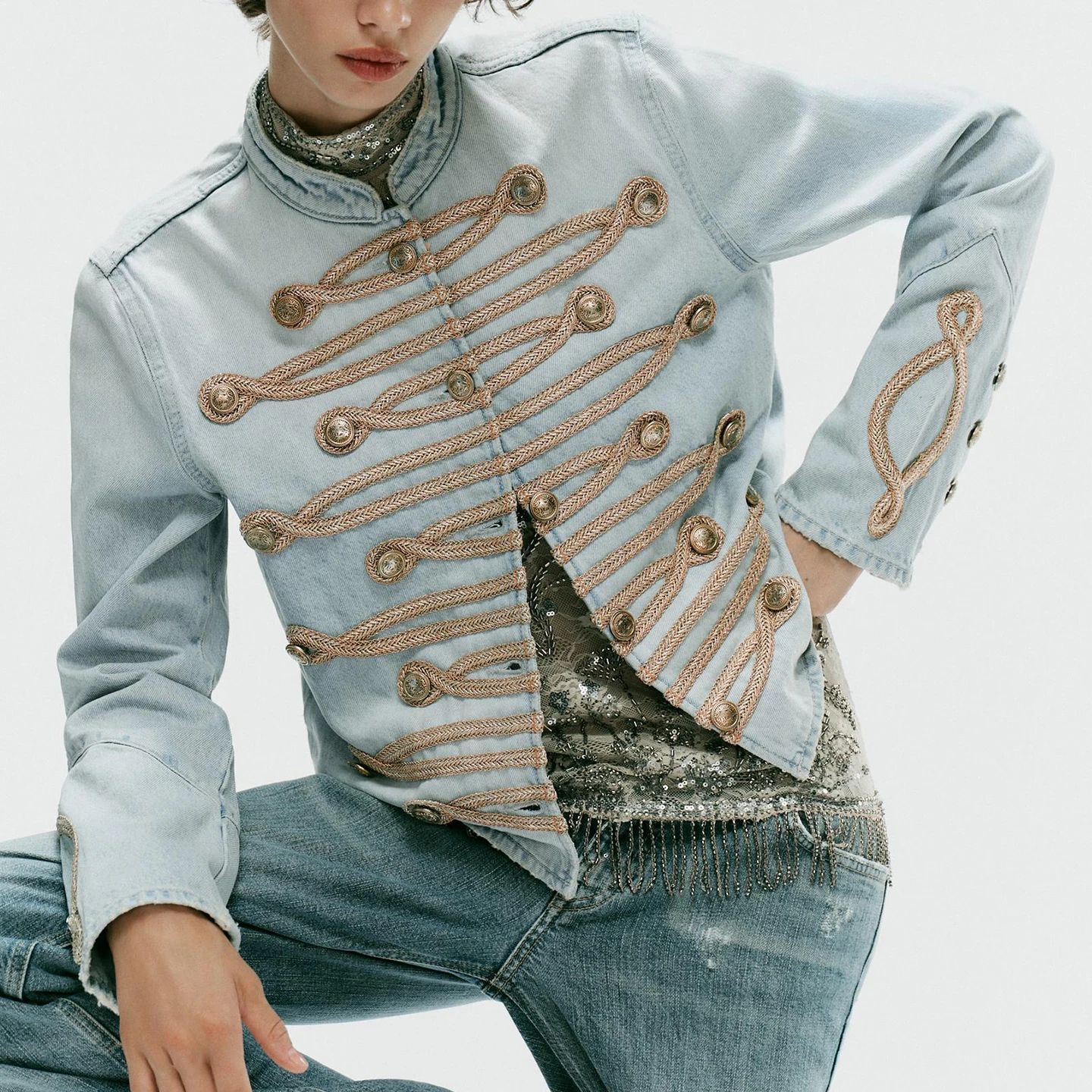 Fashionable Long Sleeve Stand Collar Button Decorated Denim Jacket Women's Autumn Wear ZADATA Standard Fit Decorative Outerwear