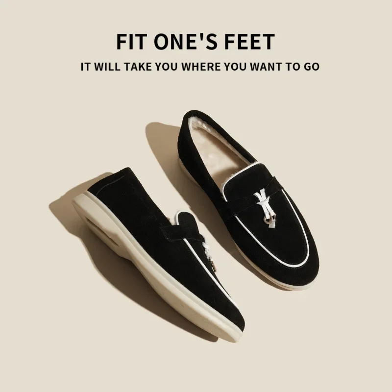 New Fleece Lined Genuine Leather Slip-On Loafers Flat Bottom Casual Shoes Men's Comfortable Soft Sole round Toe Flat Heel