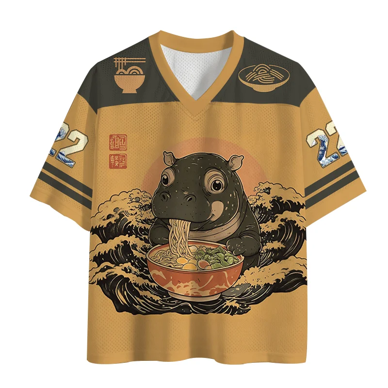 2026 Cute Weird Cartoon Animal Mesh Football Jersey Bundle, 4 Styles V-Neck Graphic Tee Y2K Unisex Streetwear Short Sleeve Top