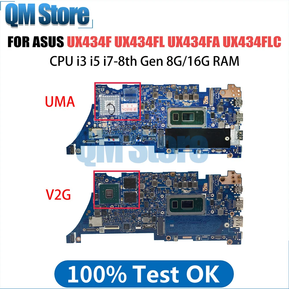 Notebook Motherboard For ASUS UX434FL UX434FA UX334FL UX434FLC UX334FA  UX463FL U4600F UX434 Mainboard i5 i7 CPU 8G 16G RAM