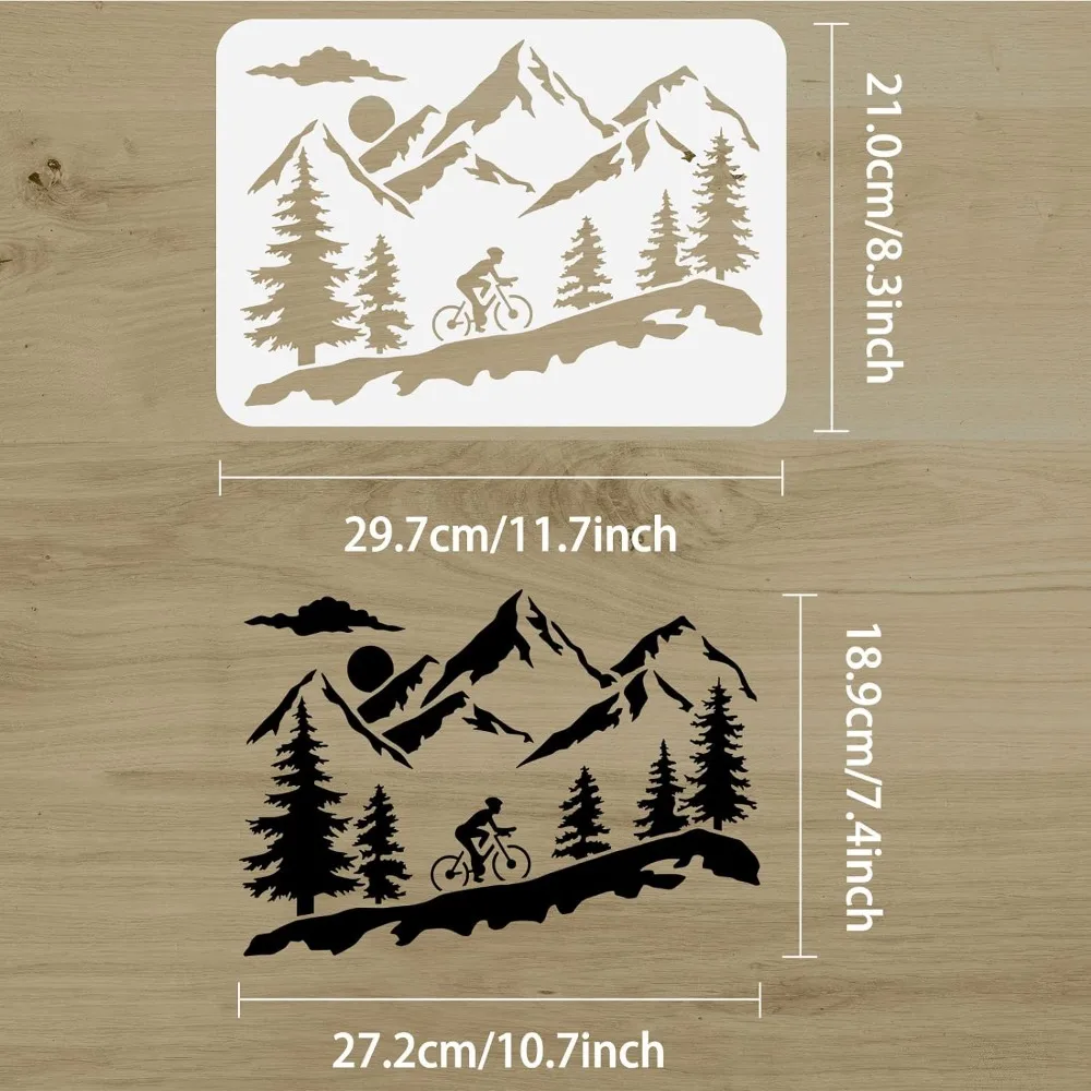 Mountain Tree and Cyclist Stencil 8.3x11.7inch Reusable Mountaineering Bikers Drawing Stencil Sunrise Painting Template Sports