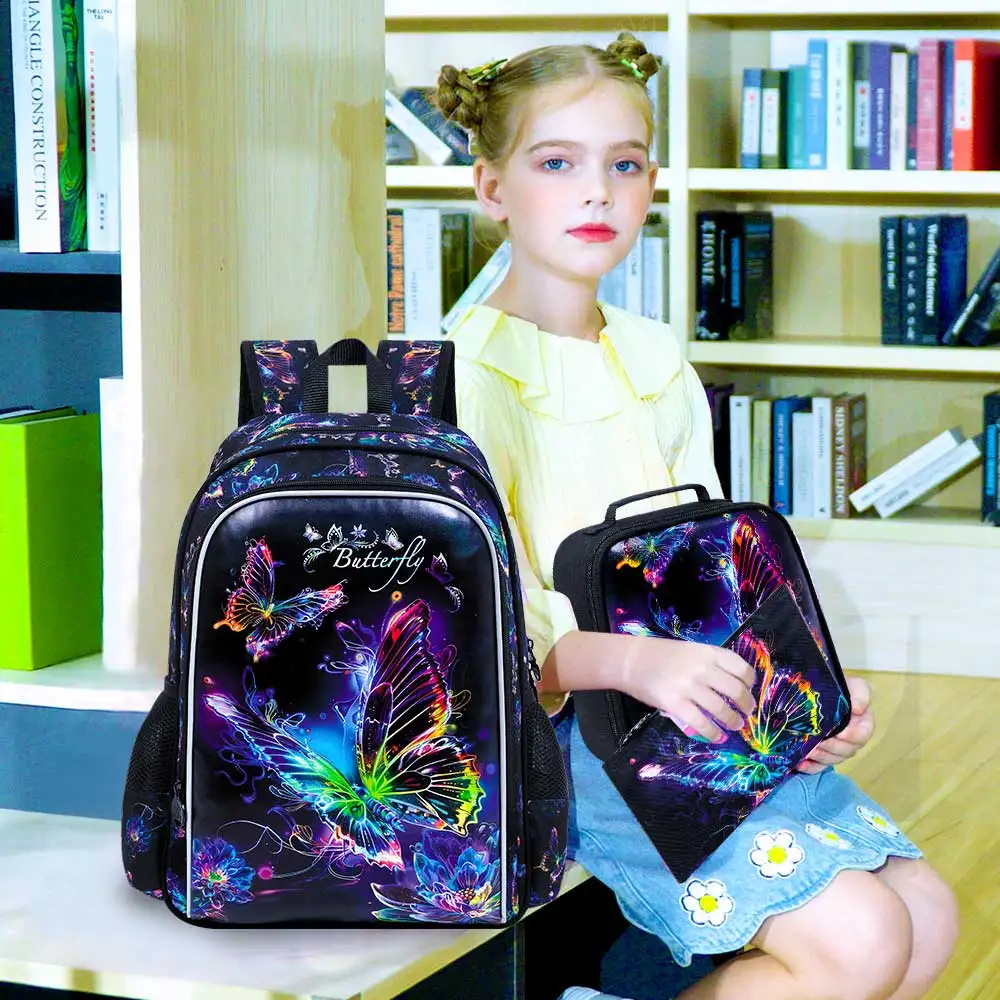 Zaino per bambini da 16 pollici per ragazze, zaino scolastico da 3 pezzi con scatola per il pranzo, set di zaini a farfalla per la scuola materna elementare