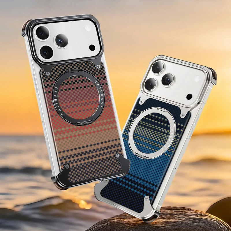 Oatsbasf Strukturierte Handyhülle aus Kohlefaser für iPhone 17 Pro/Pro Max/Air mit Ringständer 360 ° Drehbare magnetische stoßfeste Abdeckung
