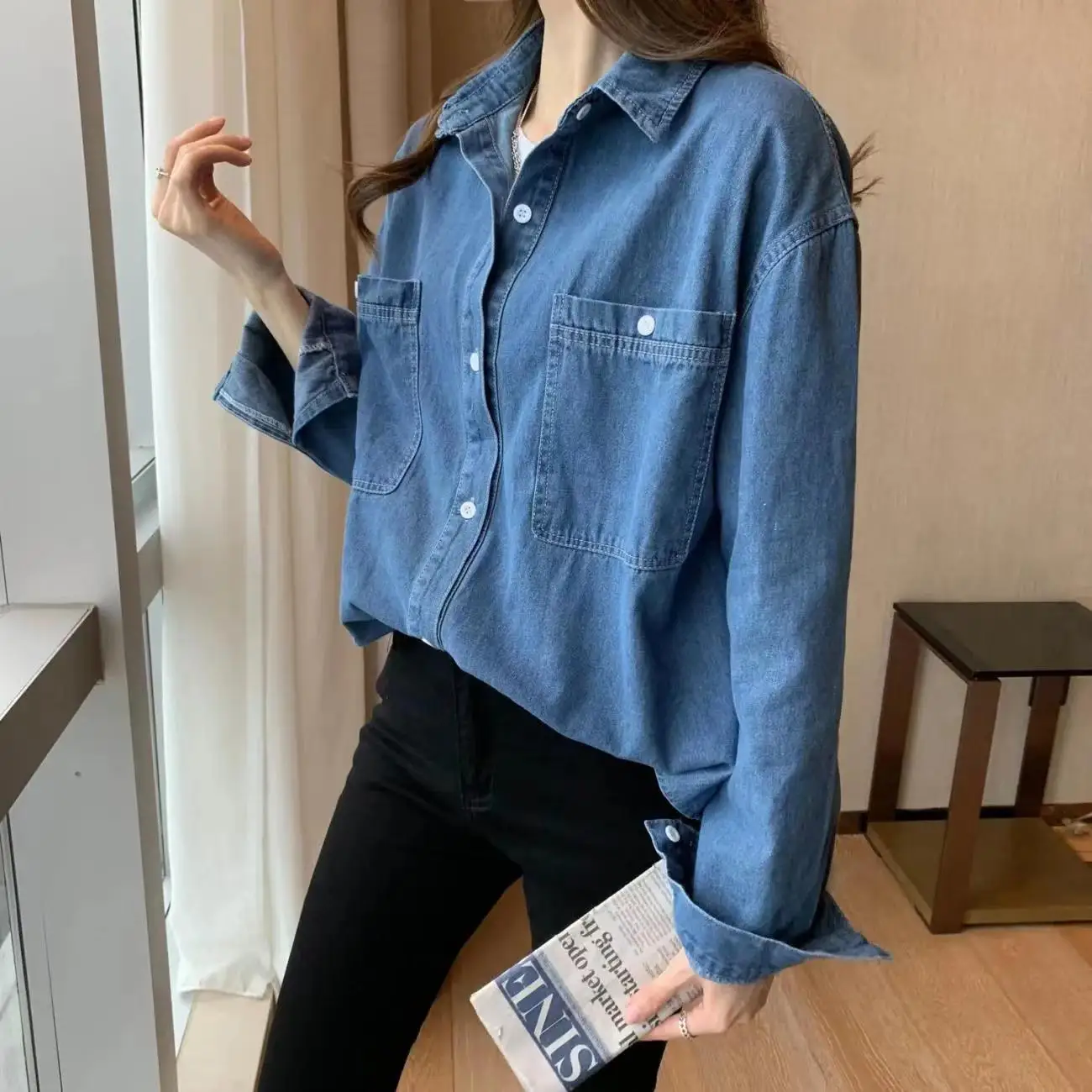 Spring and Autumn New Denim Shirt for Women Loose Medium to Long Sized Student Ins Super Popular Retro Collar Long Sleeve Trendy