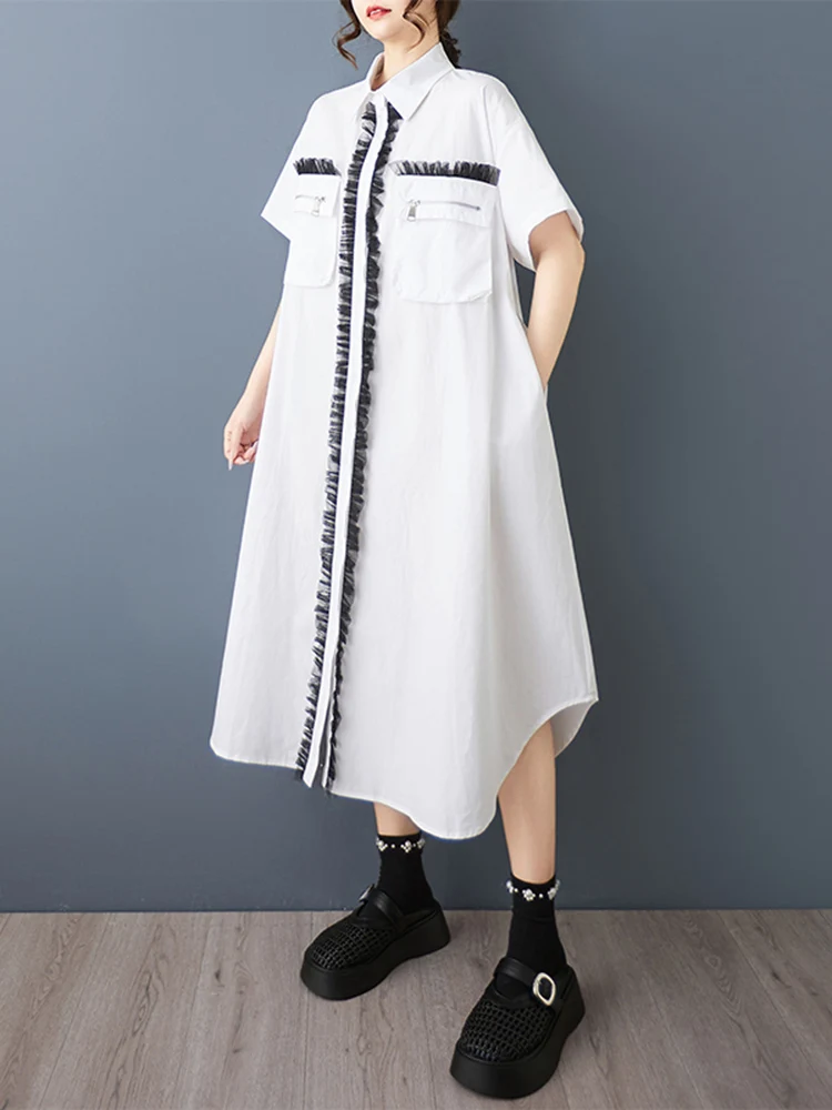 ホワイトビンテージオーバーサイズシャツワンピース レディース 夏新作 半袖 ルーズ カジュアル ロングワンピース ファッション エレガント 服 2025