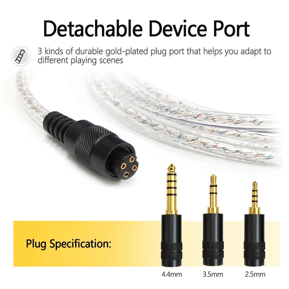 Silver-plated Headphone Upgrade Cable Audio Line with 2.5MM 3.5MM 4.4MM Detachable Male Plugs Suit for ATH-M50X M40X M70X