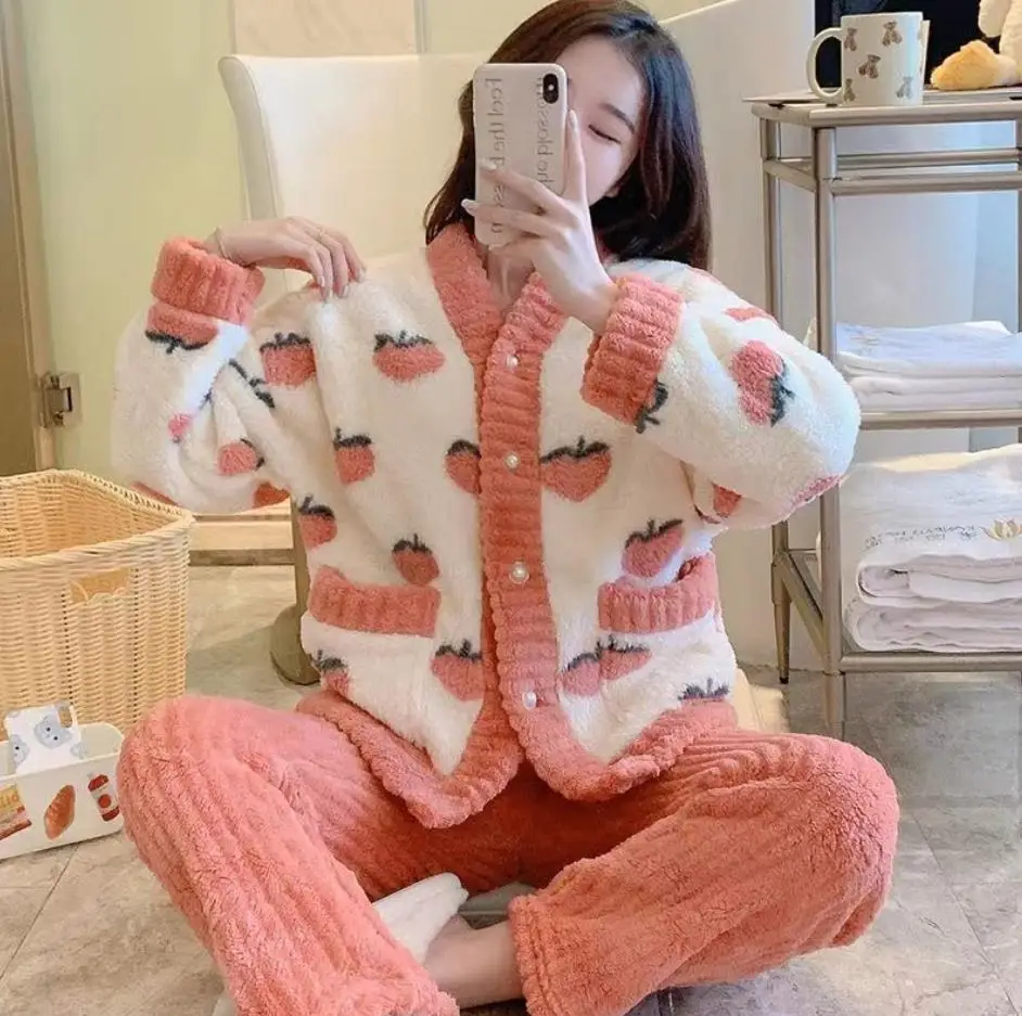 

2022Top Quality Thick Women's Flannel Pajama Pants V-neck Bow High Waist Loose Coral Fleece Warm Home Top+Trousers Housewear Set