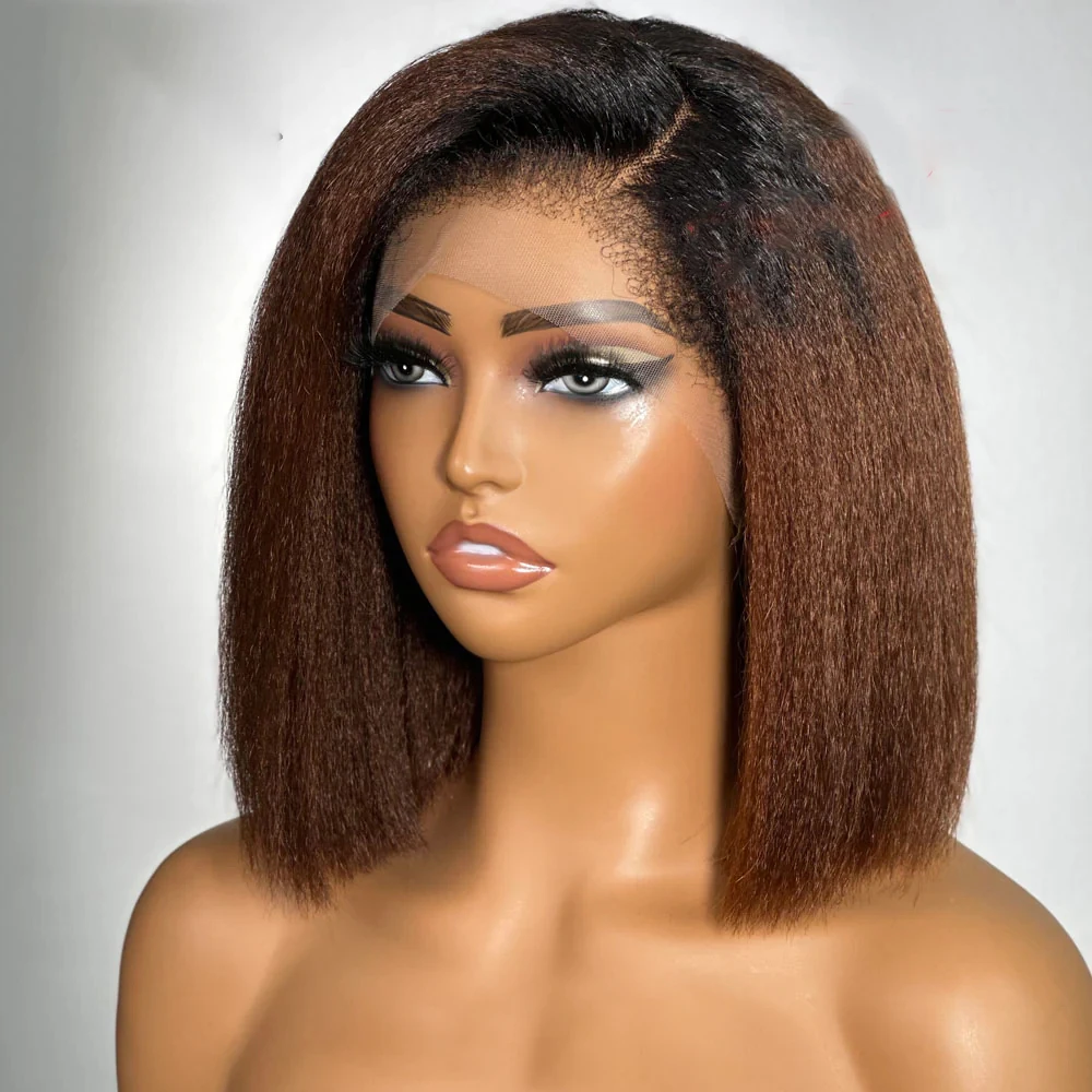 

Soft 16Inch Ombre Brown 180% Density Short Bob Kinky Straight Lace Front Wig For Women Baby Hair Synthetic Preplucked Glueless