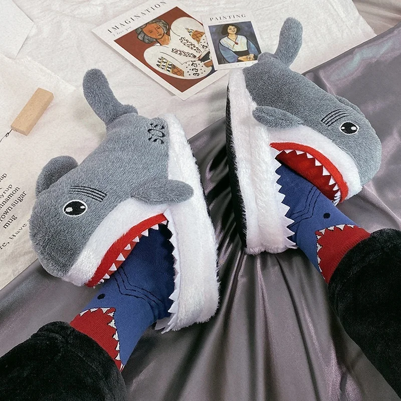 Funny Shark Doll Cotton Slippers Cute Home Shoes Half Pack With Cotton Drag Autumn Winter Indoor Slippers For Boyfriend Gift Uni