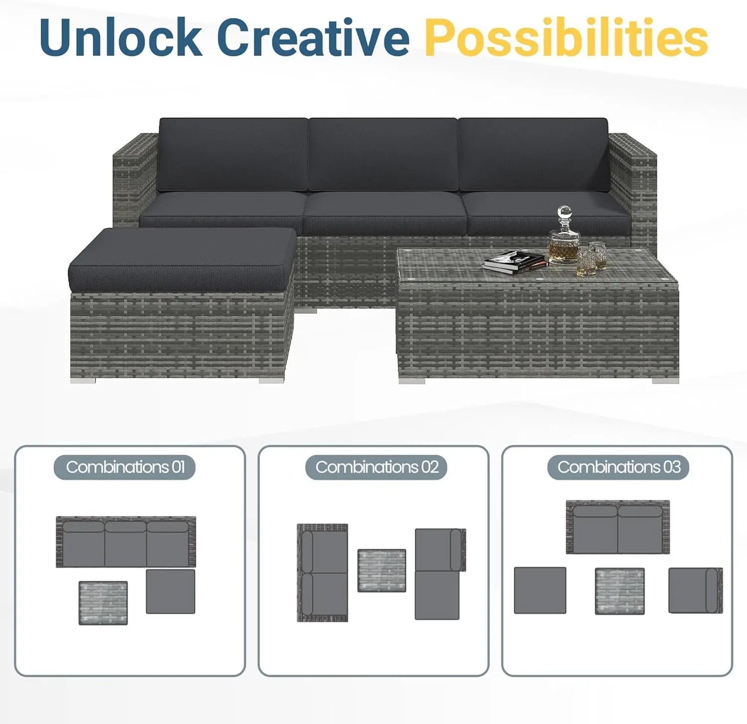 [New Arrival!]5-Pieces Outdoor Patio Furniture Set, All Weather Wicker Rattan Sectional Sofa, Patio Conversation Set with Cushio