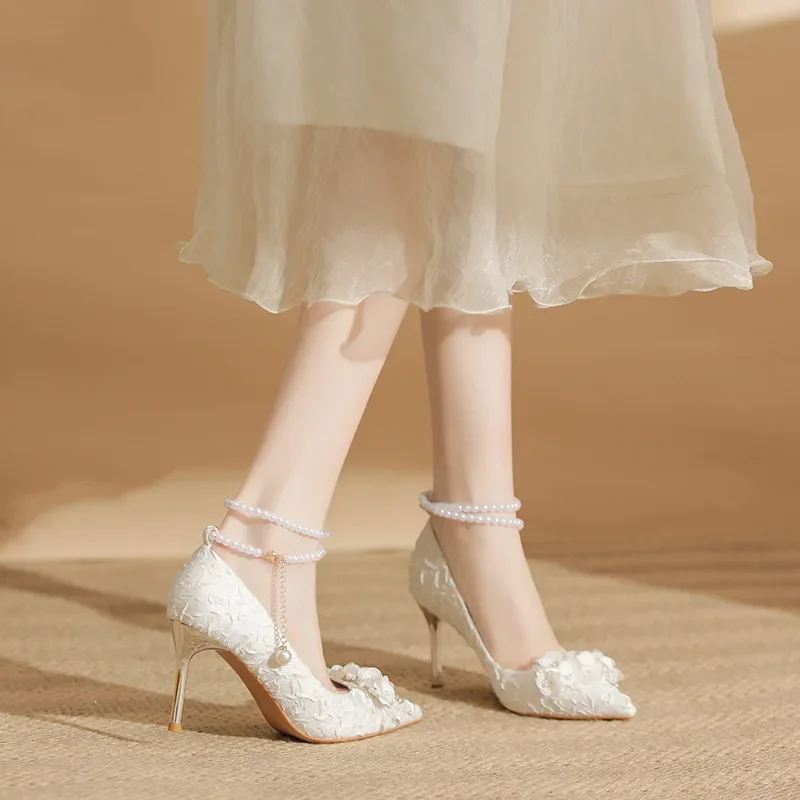 

Размер 31-43, туфли на высоком каблуке с жемчугом, женские свадебные платья, белые туфли для невесты, туфли на шпильке