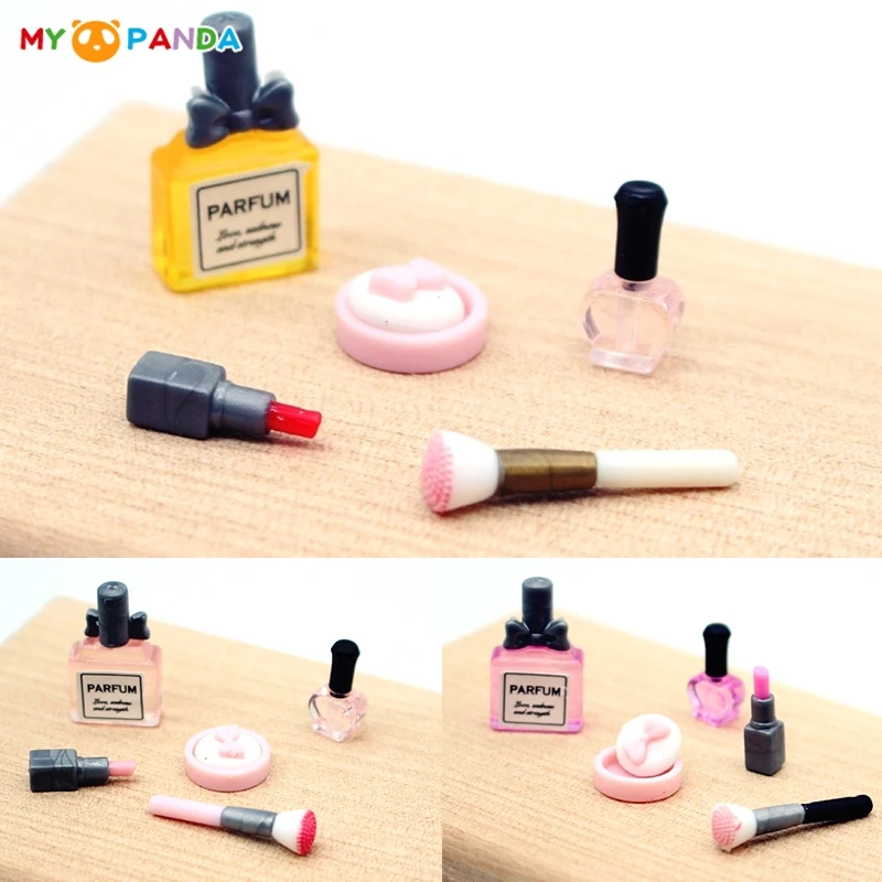 1Set 1:12 Dollhouse Miniature Cosmetic Lipstick Pressed Powder Perfume Makeup Brush Model Dolls Makeup Scene Decor Accessories