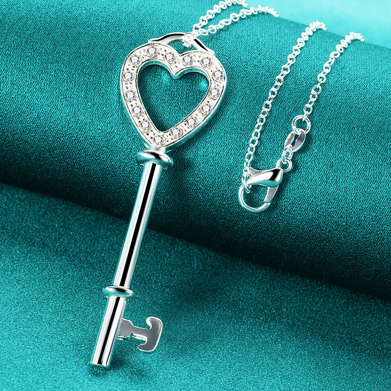 DOTEFFIL 925 Sterling Silver AAA Zircon Heart Key Pendant Necklace 18-30 Inch Chain For Woman Fashion Wedding Engagement Jewelry