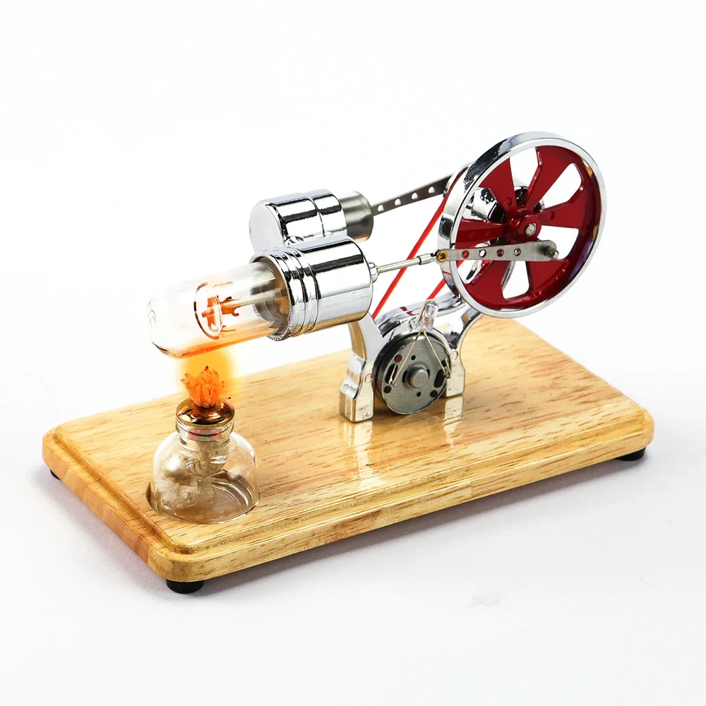 Stirling Engine Model Physical Generator with LED Wooden Base Flywheel Generator Physics Experiment Science Educational Toy Gift