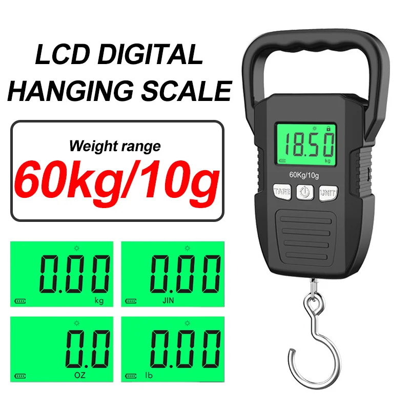 60kg/10g LCD Digital Hanging Scale Portable Battery/USB Charging Hook Scale Electronic Weighting Luggage Scale Weighing Tool