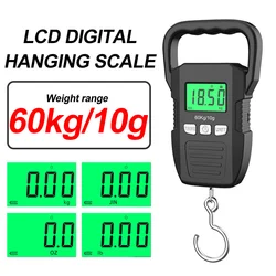 Escala de suspensão digital LCD portátil Ferramenta de ponderação eletrônica Escala de bagagem Gancho de carregamento, Bateria, USB, 60kg, 10g