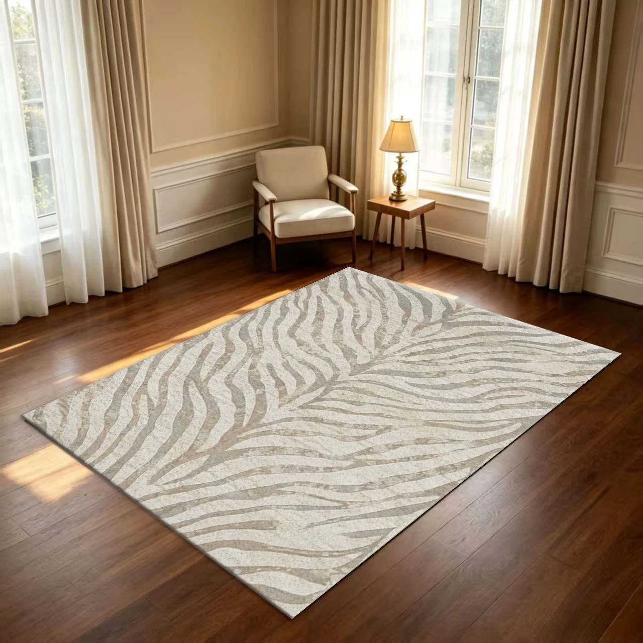 Neutral Beige Zebra Pattern Carpet, Vintage Distressed Animal Print Non-Slip Rug Suitable for Living Room, Bedroom, and Home Decor
