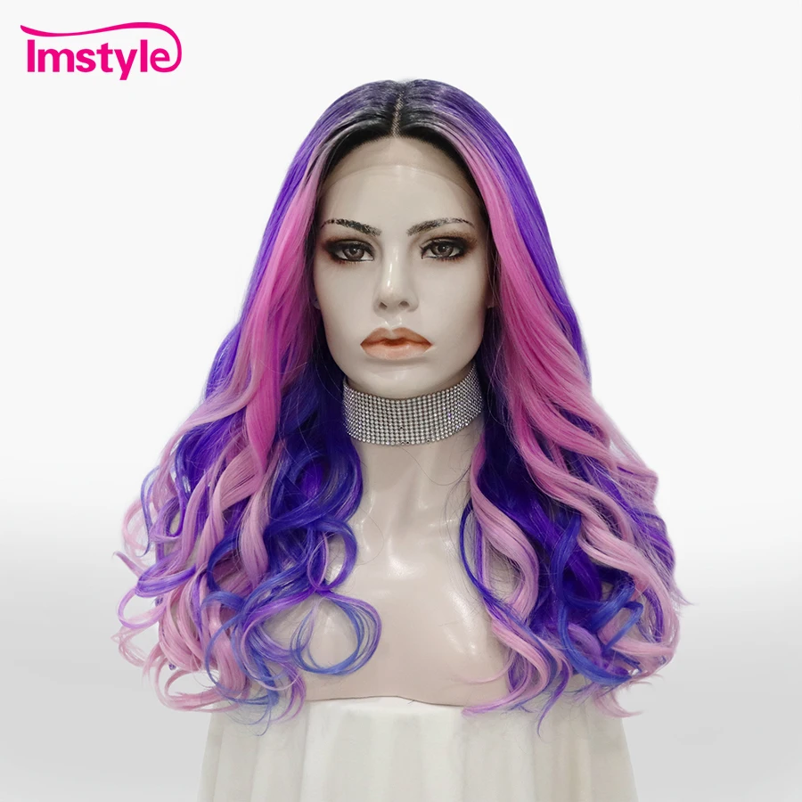 Imstyle Purple Pink Wig Synthetic Lace Front Wig T Part Lace Wig Wavy Natural Hairline Wig For Women Cosplay Heat Resistant