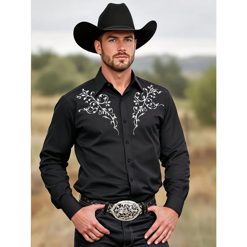 

Men's Tribal Pattern Long Sleeve Men's Black Western Cowboy Shirt Vintage Floral 3D Print Hawaiian Shirts Men Fashion Casual