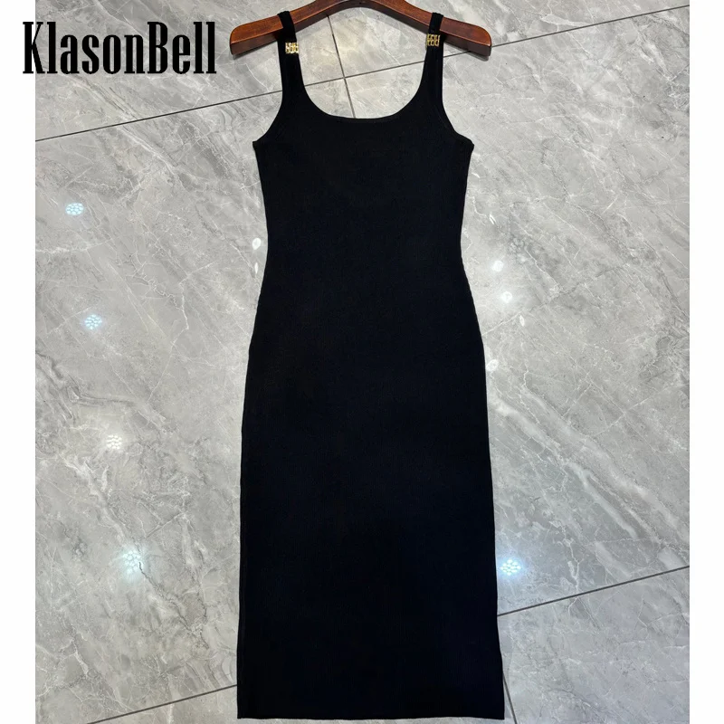 

3.8 KlasonBell Fashion Metal Letter Decoration Spaghetti Strap Sexy Backless Knit Skinny Midi Dress Women