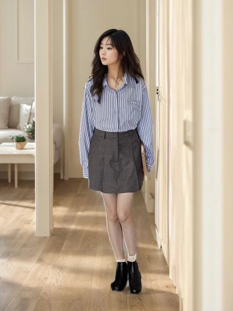 Csa informal de manga larga a rayas azules para mujer, ropa de abrigo hoada de estilo coreano, diseño con cuello , p...