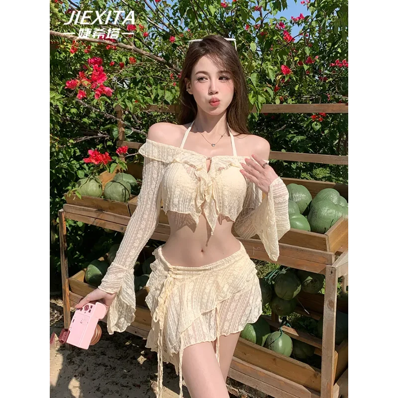 

Bikini Swimsuit Women's New Split Four Piece Set Lace Long-sleeved Sexy Hot Spring Seaside Vacation