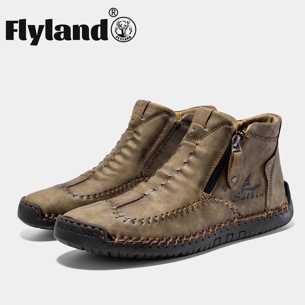

FLYLAND Hand-stitching Leather Boots Men Shoes Casual Patent Boots Work Retro Leather Ankle Botas Hot Sale Hombres Botas 2023
