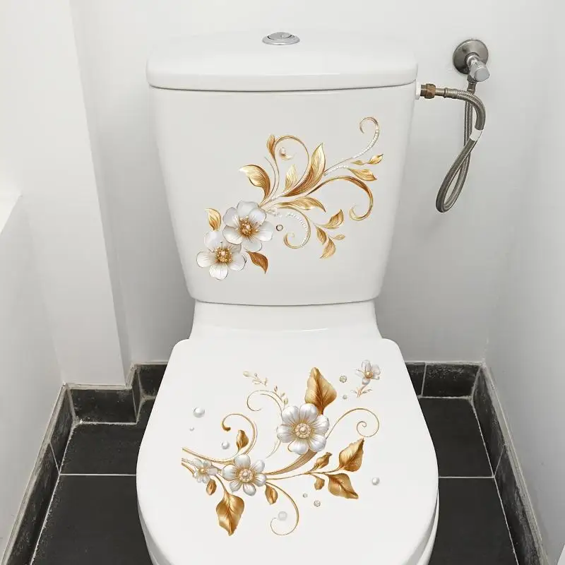 Floral Toilet Lid Sticker Waterproof Bubble Free Peel & Stick Wall Decal for Bathroom Home Renovation Gift