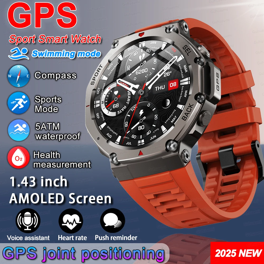 GUHUAVMI 2025 neue benutzerdefinierte Zifferblatt Outdoor Smart Watch Männer GPS Sport Fitness Gesundheit Kompass Schwimmen wasserdicht BT5.3 Anruf GPS Smartwatch 3
