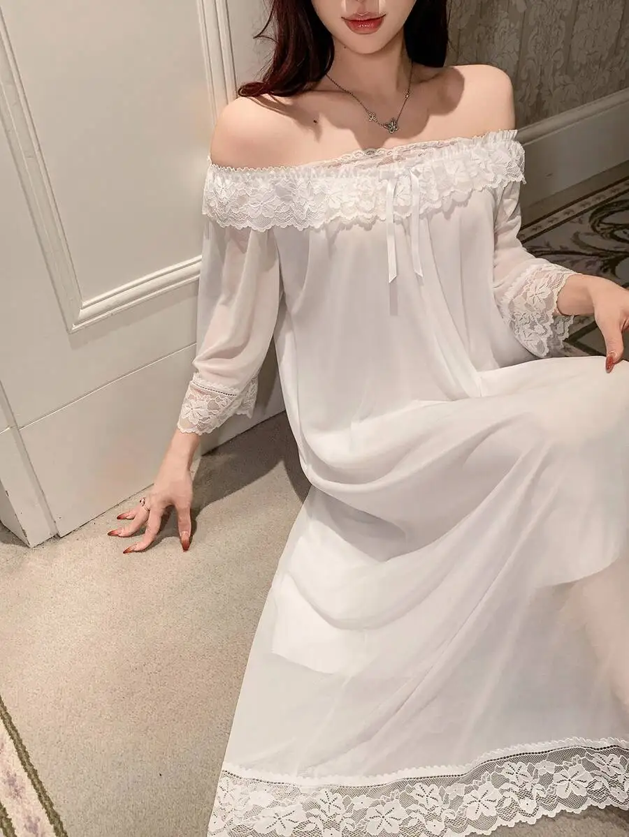 

Lace Off Shoulder Loose Nightgown For Women