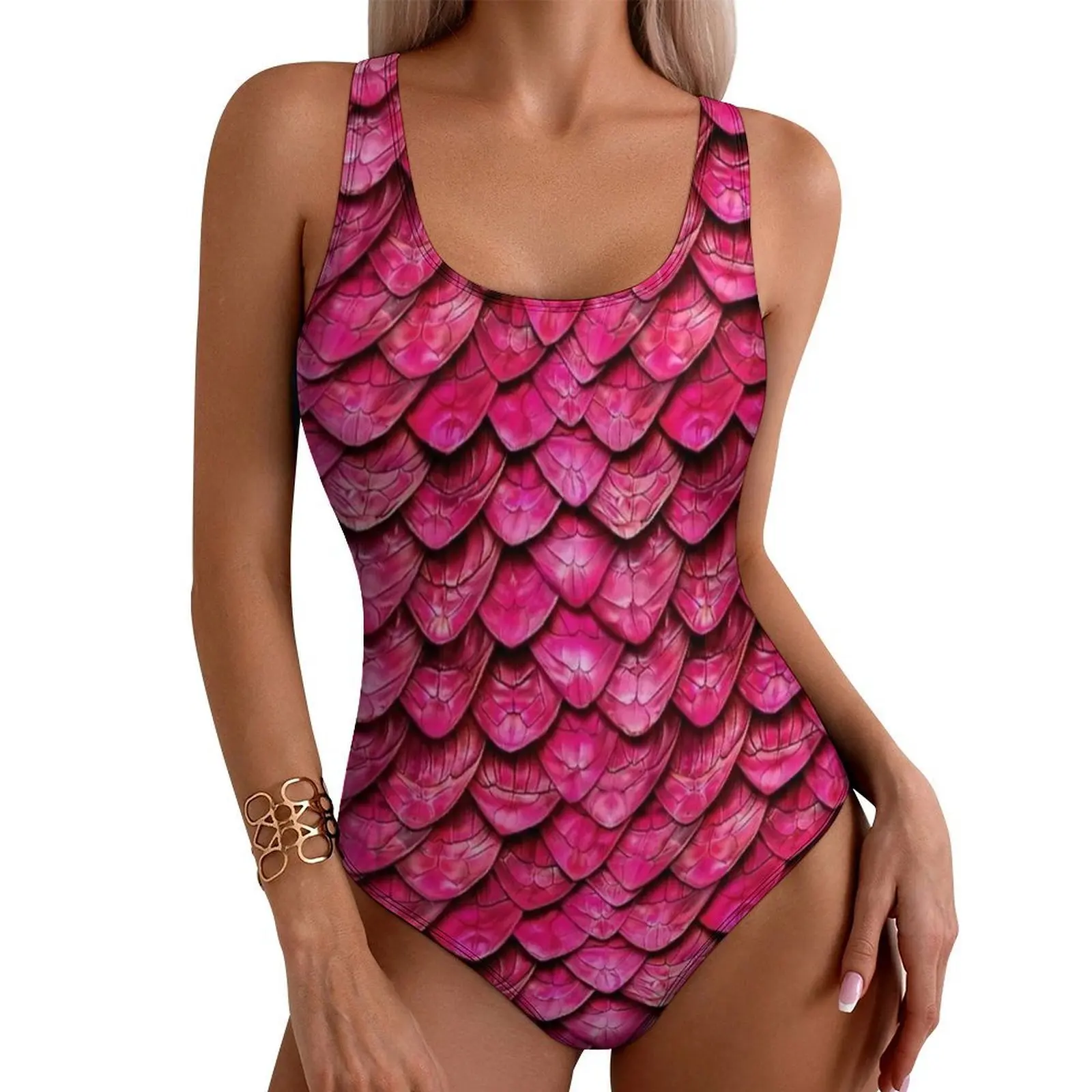 Pink Dragon Scale Print Swimsuit Sexy  Women Swimwear One Piece Modern Bodysuit Beach Push Up Sleeveless Beachwear