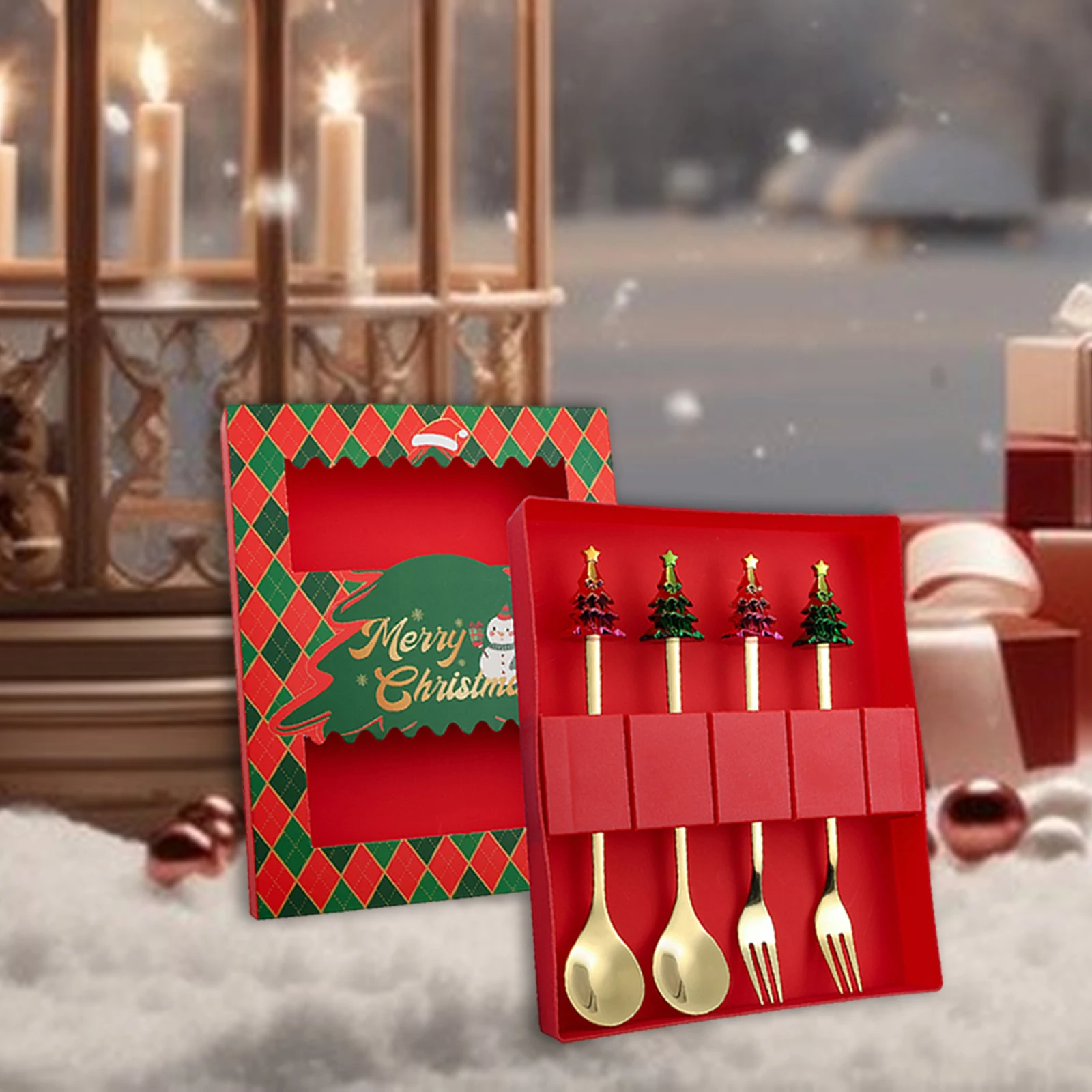 4 Pieces Christmas Spoons Forks Set Tea Spoons Utensils Reusable Xmas Coffee Spoon for Gift Wedding Restaurant Christmas Xmas