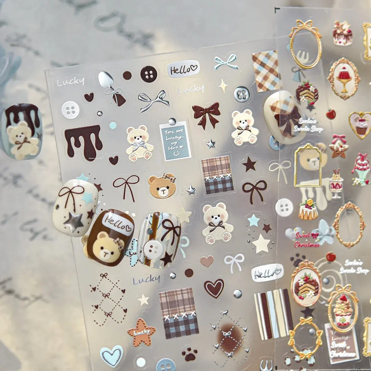 Delicate Bear Star Button Frame Grid Bowknot Cherry Ice Cream Chocolate Cake Art Self Adhesive Nail Art Stickers Manicure Decals
