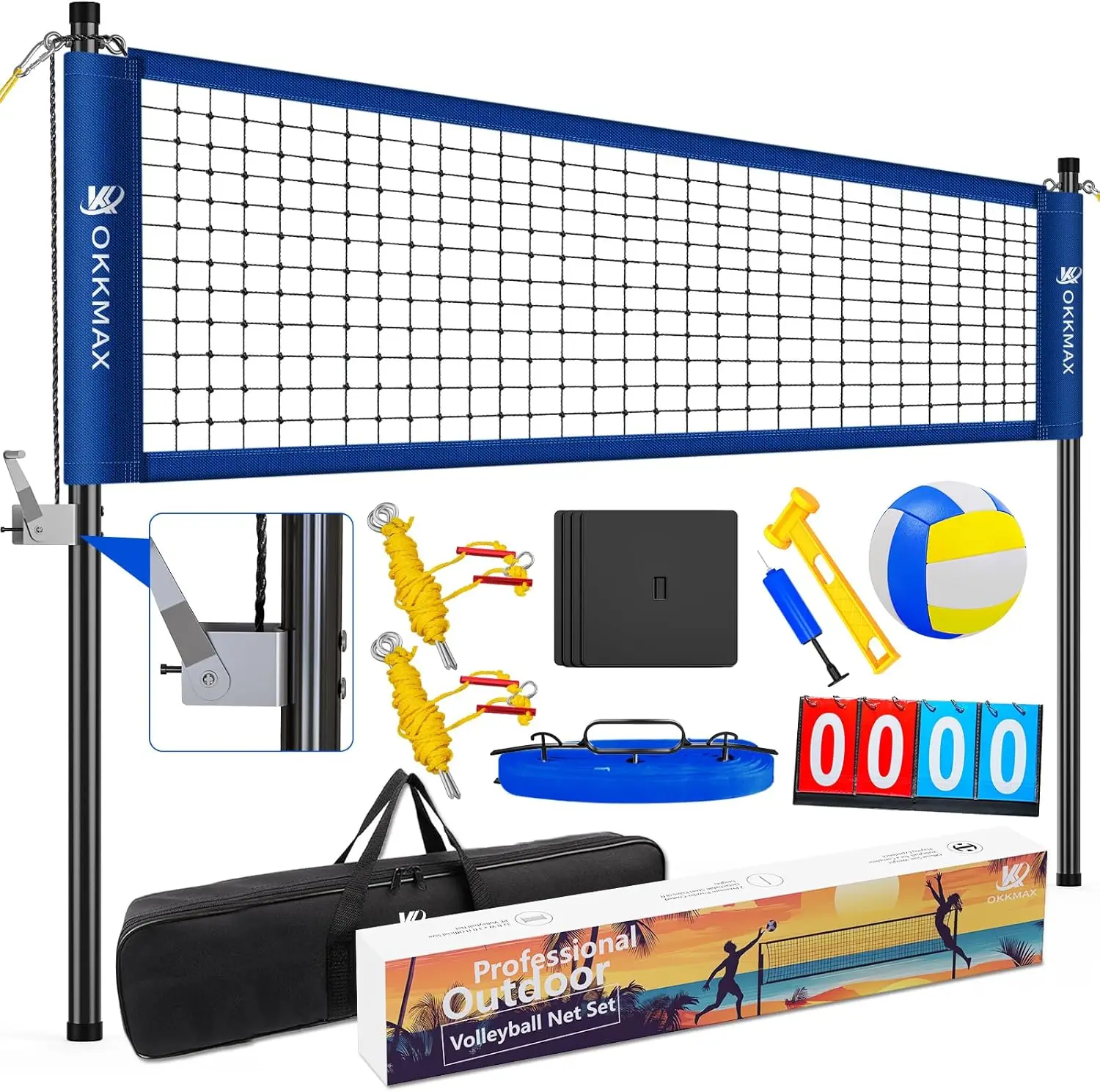 Outdoor Volleyball Net Set with Adjustable Poles, Anti-Sag Design, Includes Beach Anchor Plate, Scoreboard, Boundary Lines & Carry Bag for Backyard, Beach, Grass