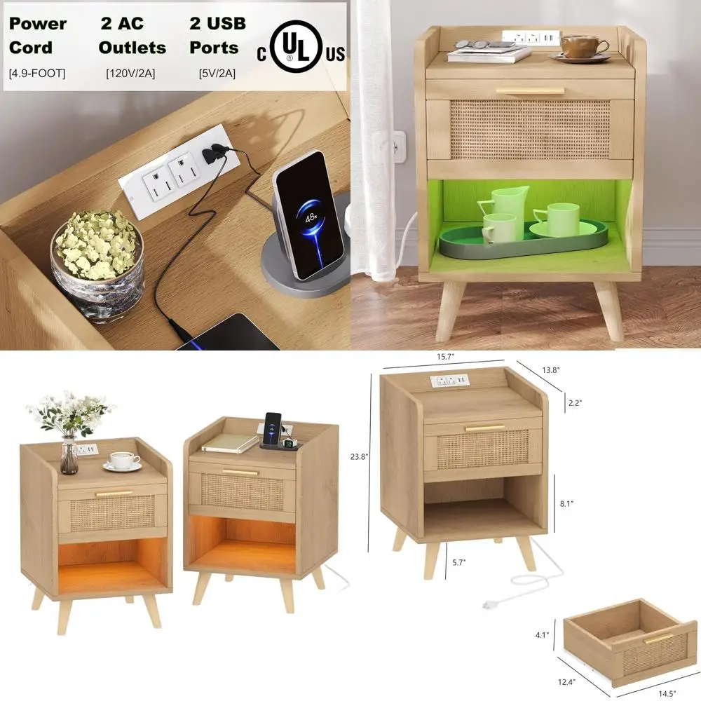 

Pair of 13.8 Boho-Style Nightstands with Charging, LED Lights, Drawer, and Metal Handles for Natural Bedroom & Dorm Decor
