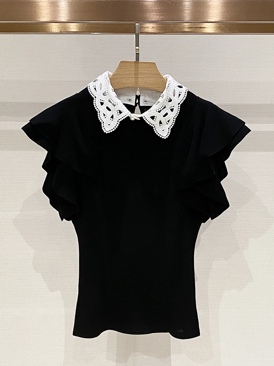 

Женский вязаный топ с эффектом похудения, модный летний свитер 2025 года с вырезами, воротником «кукла» и рукавами-крылышками, облегающий крой