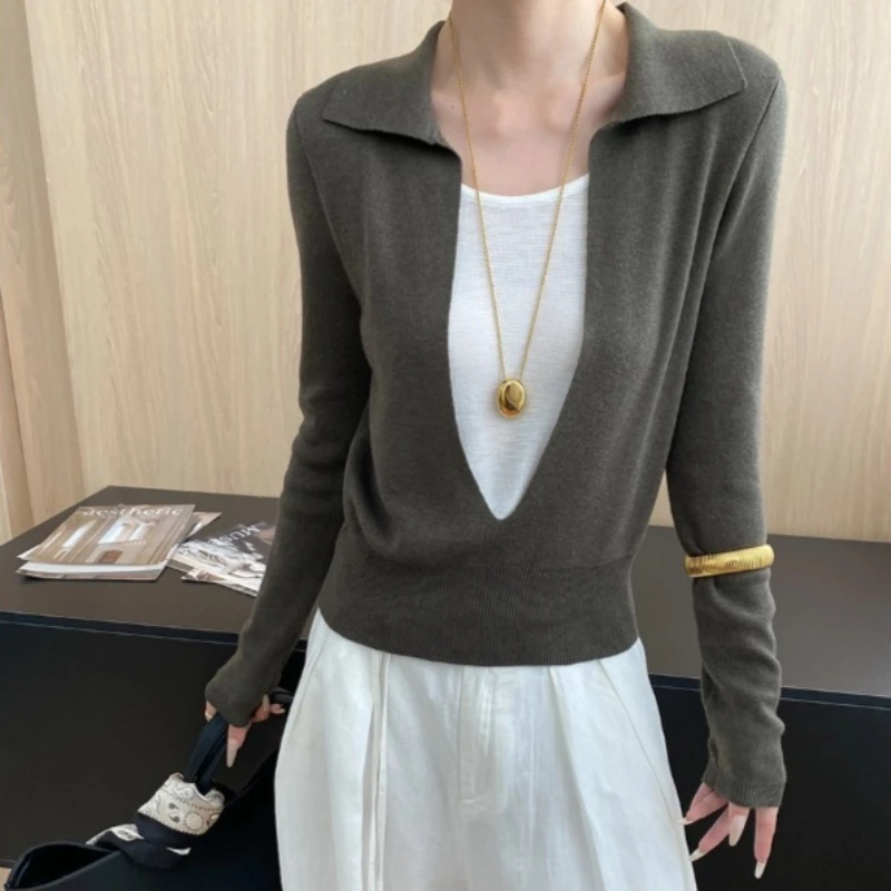 

Women Knitted Pullover Sweaters Spliced Jumpers Faux Layer Color Blocked Turn Down Collar Long Sleeves Casual 2025 Autumn Winter