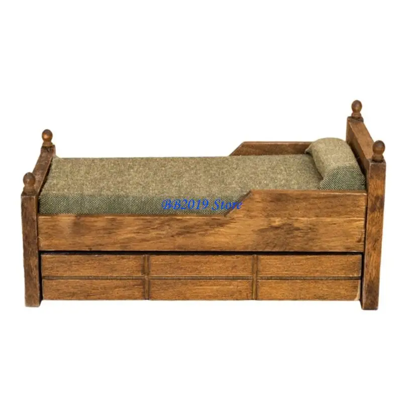 

Q0KB Modern 1:12 Scale Dollhouses Bedroom Furniture Set Wooden Toy Bed With Cotton Padded Pillow For Model Displays